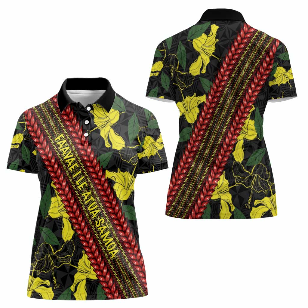 Samoan Culture Women Polo Shirt Hibiscus and Ula Fala with Tapa Pattern Black Color