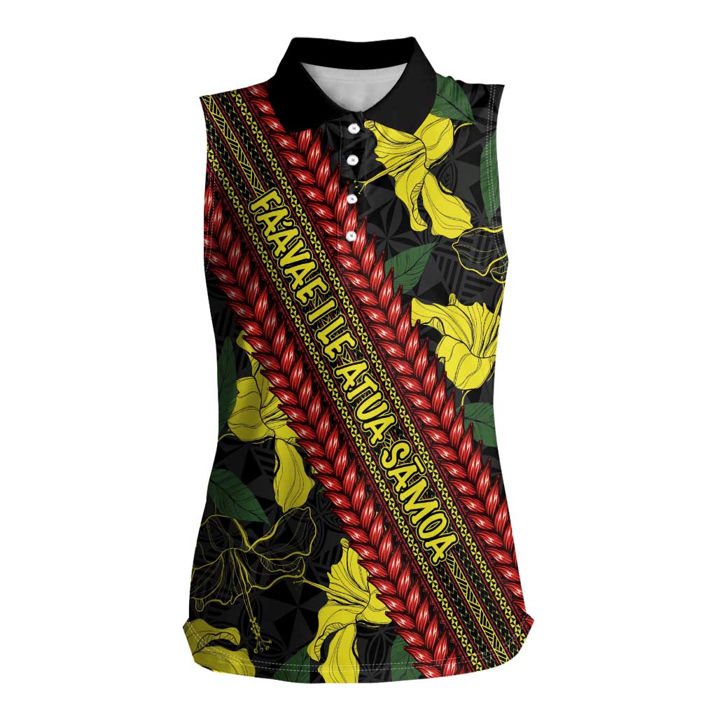 Samoan Culture Women Sleeveless Polo Shirt Hibiscus and Ula Fala with Tapa Pattern Black Color LT03 Female Black - Polynesian Pride