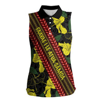 Samoan Culture Women Sleeveless Polo Shirt Hibiscus and Ula Fala with Tapa Pattern Black Color LT03 Female Black - Polynesian Pride