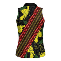 Samoan Culture Women Sleeveless Polo Shirt Hibiscus and Ula Fala with Tapa Pattern Black Color LT03 - Polynesian Pride