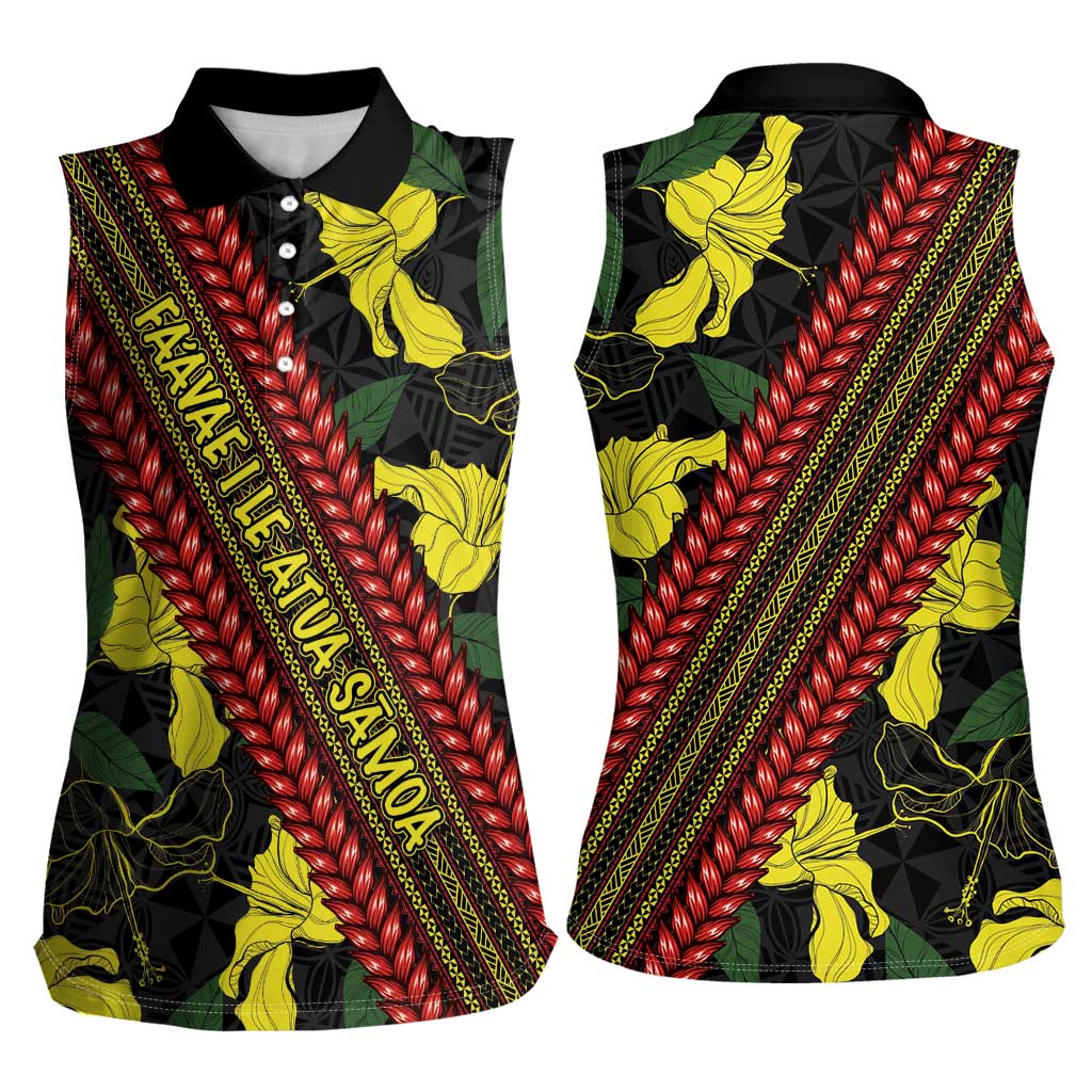 Samoan Culture Women Sleeveless Polo Shirt Hibiscus and Ula Fala with Tapa Pattern Black Color LT03 - Polynesian Pride