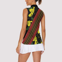 Samoan Culture Women Sleeveless Polo Shirt Hibiscus and Ula Fala with Tapa Pattern Black Color LT03 - Polynesian Pride