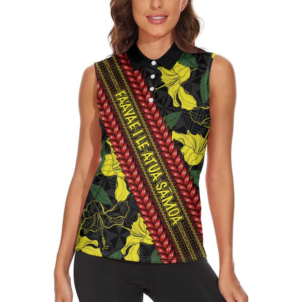 Samoan Culture Women Sleeveless Polo Shirt Hibiscus and Ula Fala with Tapa Pattern Black Color LT03 - Polynesian Pride