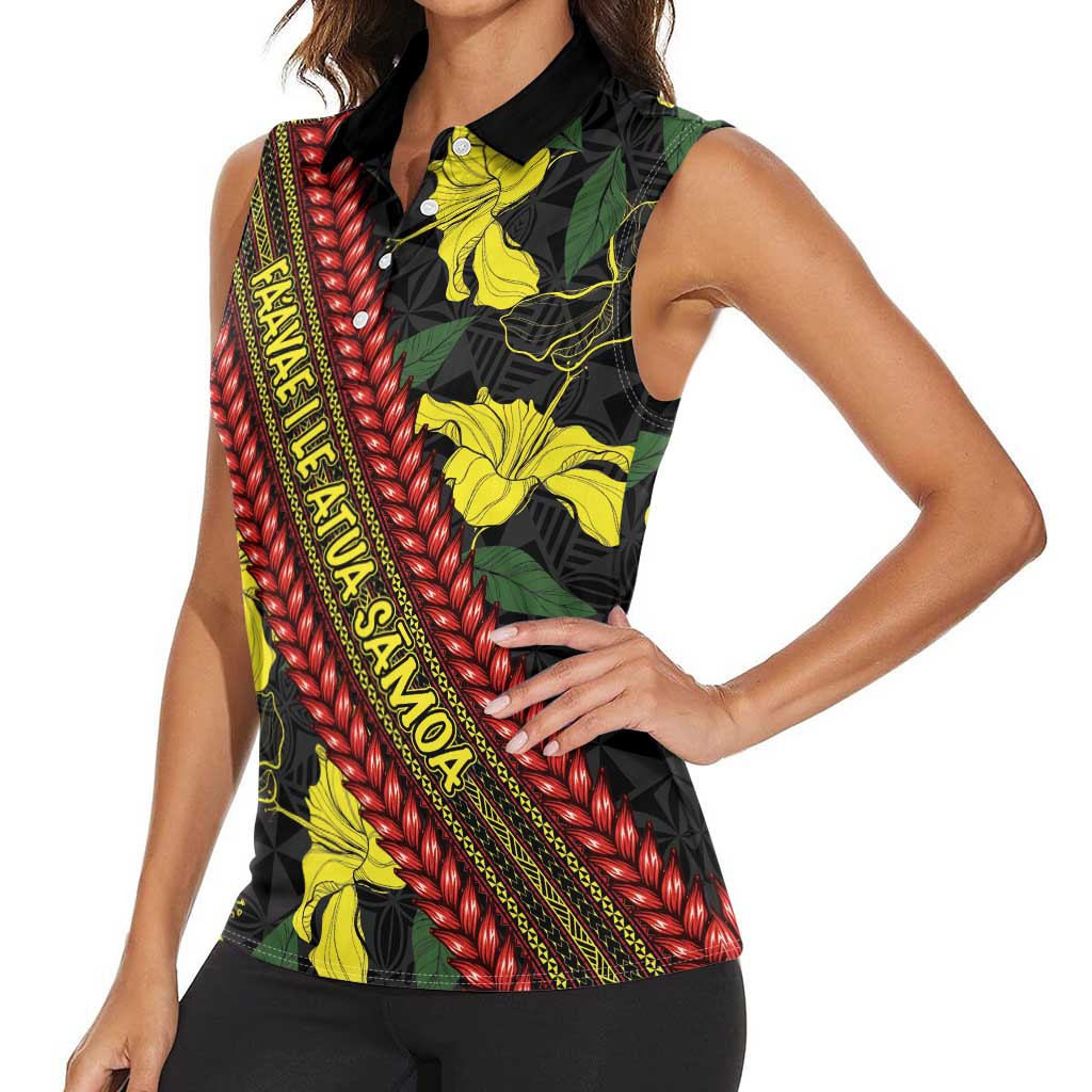 Samoan Culture Women Sleeveless Polo Shirt Hibiscus and Ula Fala with Tapa Pattern Black Color LT03 - Polynesian Pride