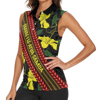 Samoan Culture Women Sleeveless Polo Shirt Hibiscus and Ula Fala with Tapa Pattern Black Color LT03 - Polynesian Pride