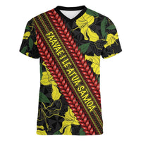 Samoan Culture Women V-Neck T-Shirt Hibiscus and Ula Fala with Tapa Pattern Black Color LT03 Female Black - Polynesian Pride
