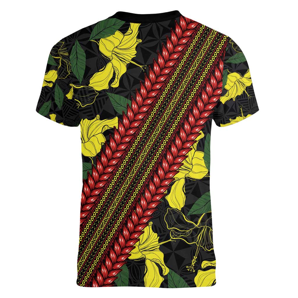 Samoan Culture Women V-Neck T-Shirt Hibiscus and Ula Fala with Tapa Pattern Black Color LT03 - Polynesian Pride