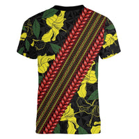 Samoan Culture Women V-Neck T-Shirt Hibiscus and Ula Fala with Tapa Pattern Black Color LT03 - Polynesian Pride