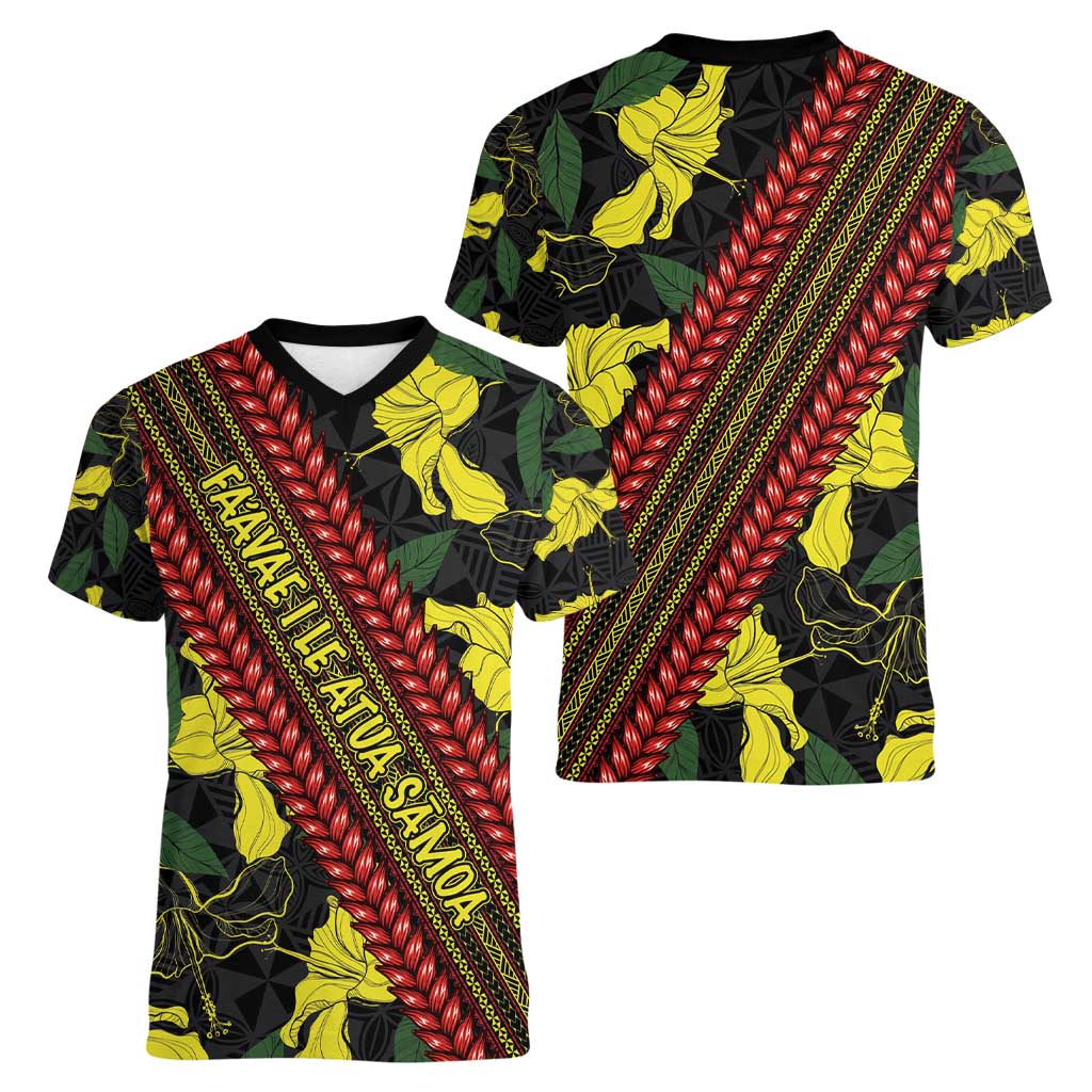 Samoan Culture Women V-Neck T-Shirt Hibiscus and Ula Fala with Tapa Pattern Black Color LT03 - Polynesian Pride