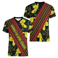 Samoan Culture Women V-Neck T-Shirt Hibiscus and Ula Fala with Tapa Pattern Black Color LT03 - Polynesian Pride