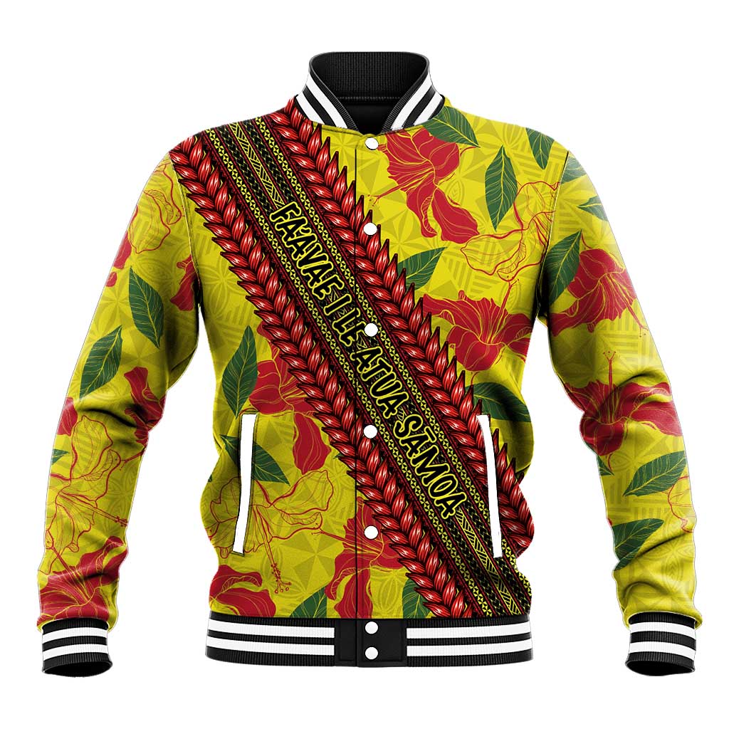 Samoan Culture Baseball Jacket Hibiscus and Ula Fala with Tapa Pattern YellowColor LT03 Unisex Yellow - Polynesian Pride