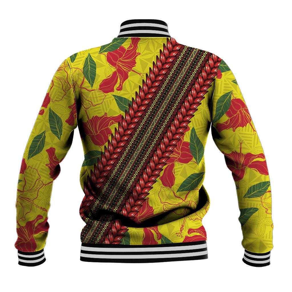 Samoan Culture Baseball Jacket Hibiscus and Ula Fala with Tapa Pattern YellowColor LT03 - Polynesian Pride