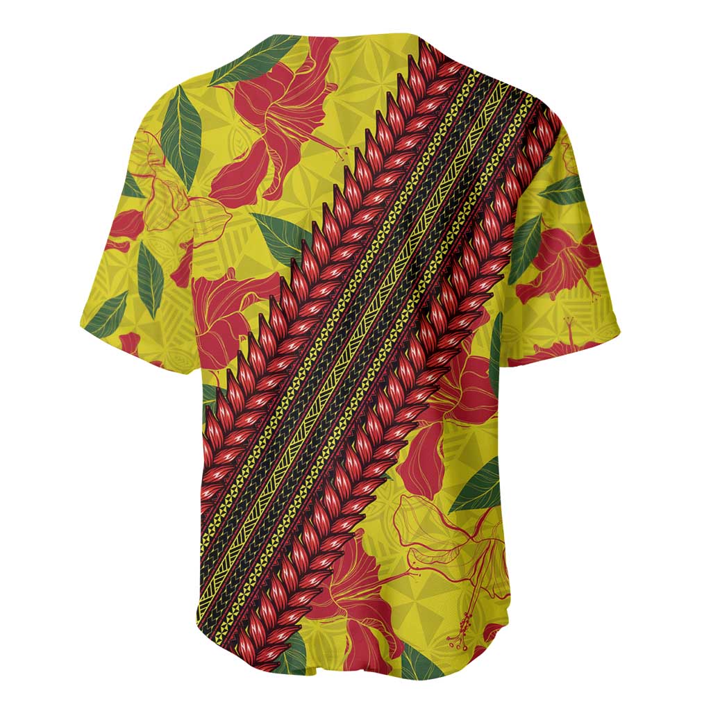 Samoan Culture Baseball Jersey Hibiscus and Ula Fala with Tapa Pattern YellowColor LT03 - Polynesian Pride