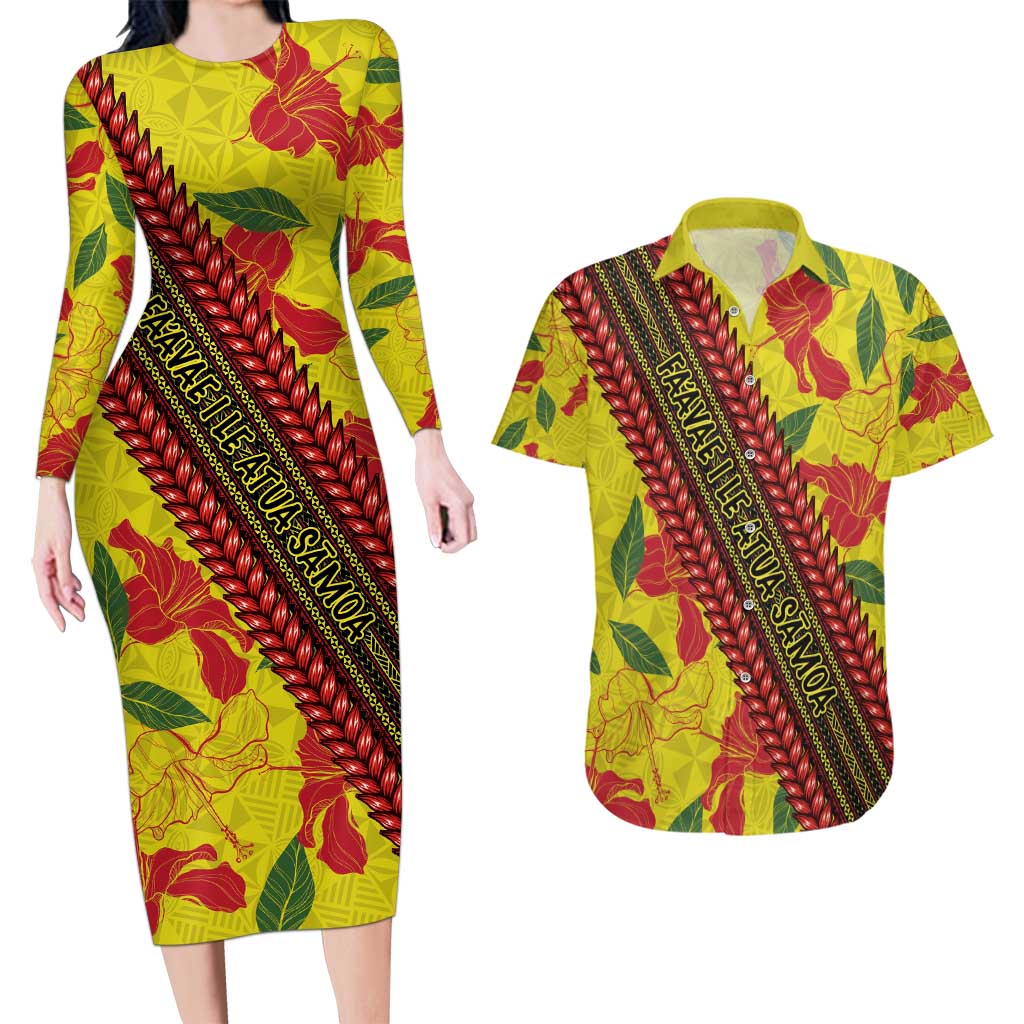Samoan Culture Couples Matching Long Sleeve Bodycon Dress and Hawaiian Shirt Hibiscus and Ula Fala with Tapa Pattern YellowColor LT03 Yellow - Polynesian Pride