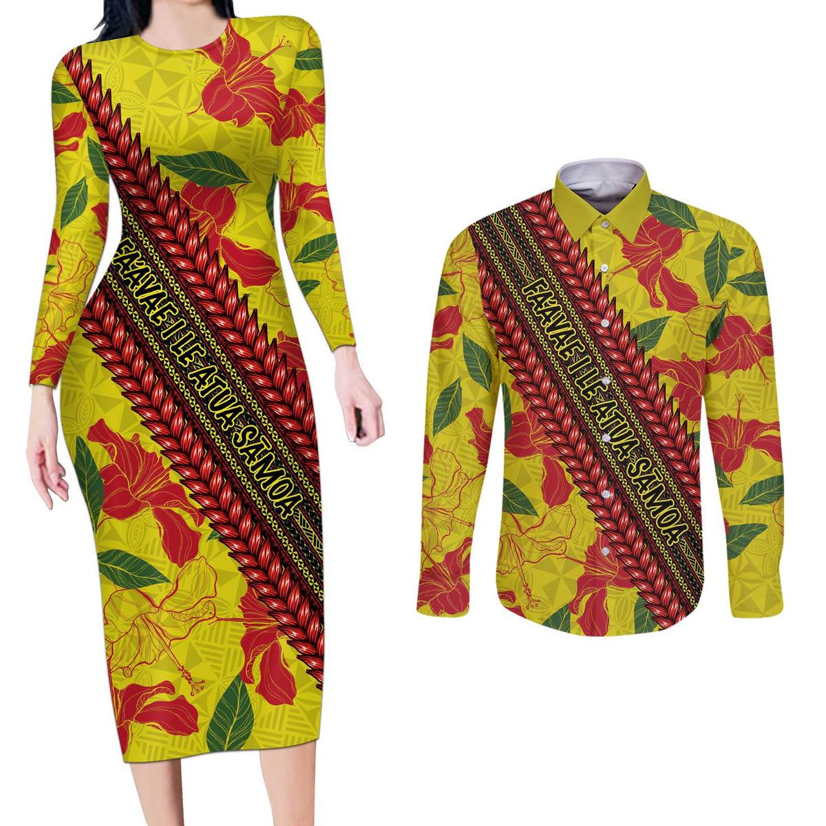 Samoan Culture Couples Matching Long Sleeve Bodycon Dress and Long Sleeve Button Shirt Hibiscus and Ula Fala with Tapa Pattern YellowColor LT03 Yellow - Polynesian Pride