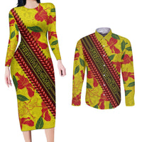 Samoan Culture Couples Matching Long Sleeve Bodycon Dress and Long Sleeve Button Shirt Hibiscus and Ula Fala with Tapa Pattern YellowColor LT03 Yellow - Polynesian Pride