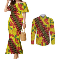 Samoan Culture Couples Matching Mermaid Dress and Long Sleeve Button Shirt Hibiscus and Ula Fala with Tapa Pattern YellowColor LT03 Yellow - Polynesian Pride