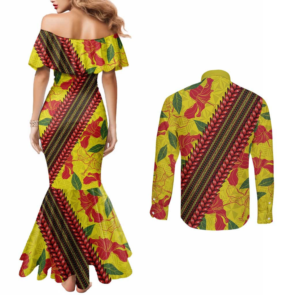 Samoan Culture Couples Matching Mermaid Dress and Long Sleeve Button Shirt Hibiscus and Ula Fala with Tapa Pattern YellowColor LT03 - Polynesian Pride