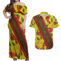 Samoan Culture Couples Matching Off Shoulder Maxi Dress and Hawaiian Shirt Hibiscus and Ula Fala with Tapa Pattern YellowColor LT03 Yellow - Polynesian Pride