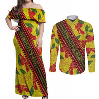 Samoan Culture Couples Matching Off Shoulder Maxi Dress and Long Sleeve Button Shirt Hibiscus and Ula Fala with Tapa Pattern YellowColor LT03 Yellow - Polynesian Pride