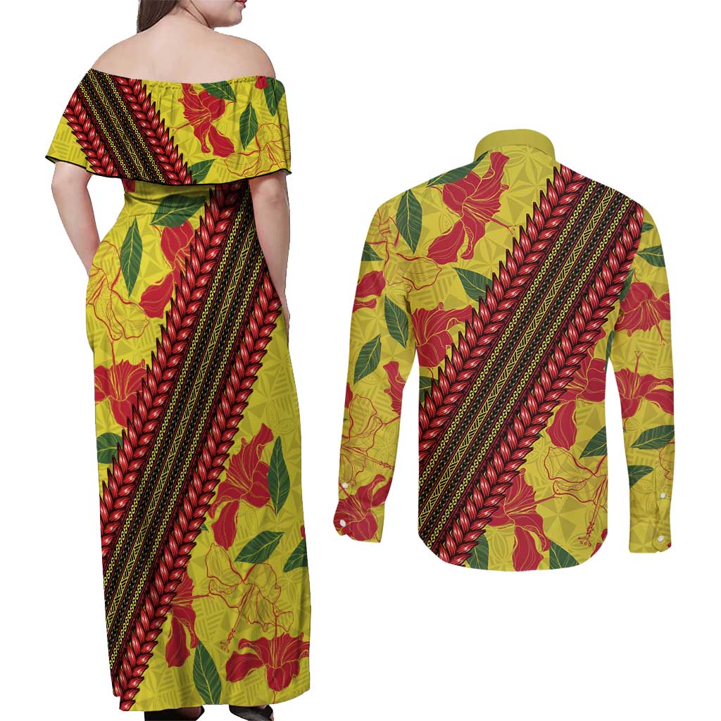 Samoan Culture Couples Matching Off Shoulder Maxi Dress and Long Sleeve Button Shirt Hibiscus and Ula Fala with Tapa Pattern YellowColor LT03 - Polynesian Pride