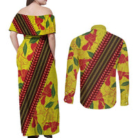 Samoan Culture Couples Matching Off Shoulder Maxi Dress and Long Sleeve Button Shirt Hibiscus and Ula Fala with Tapa Pattern YellowColor LT03 - Polynesian Pride