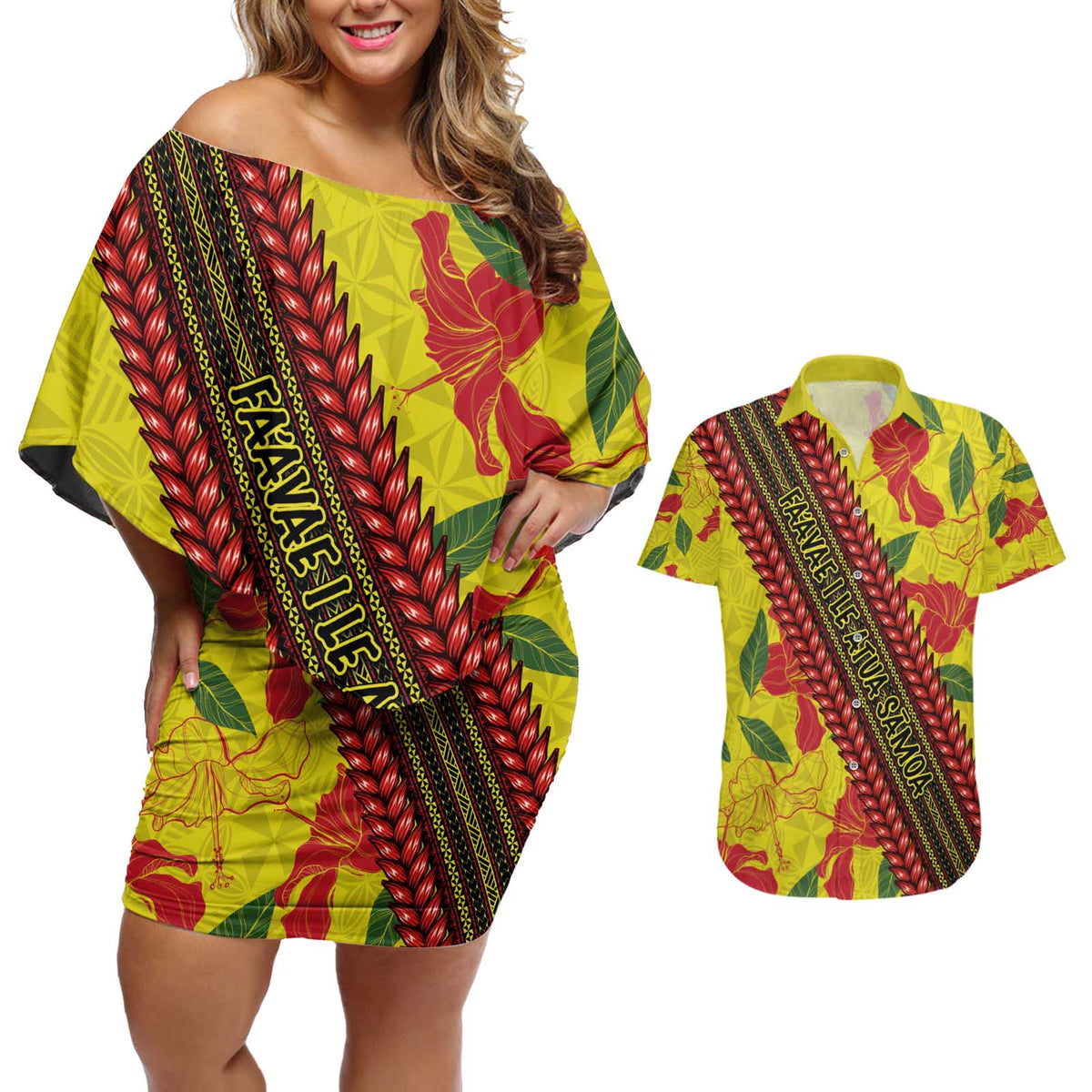 Samoan Culture Couples Matching Off Shoulder Short Dress and Hawaiian Shirt Hibiscus and Ula Fala with Tapa Pattern YellowColor LT03 Yellow - Polynesian Pride