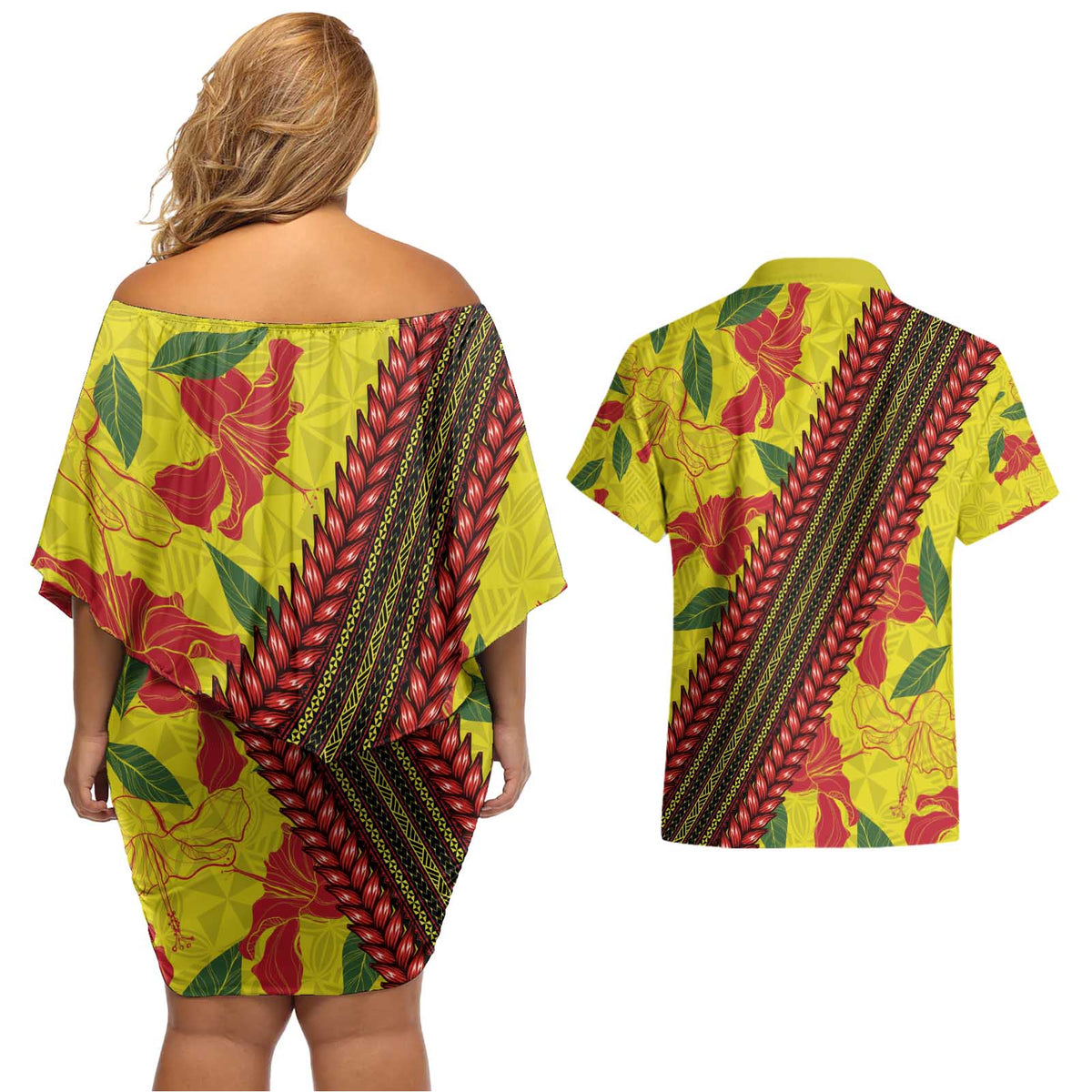 Samoan Culture Couples Matching Off Shoulder Short Dress and Hawaiian Shirt Hibiscus and Ula Fala with Tapa Pattern YellowColor LT03 - Polynesian Pride