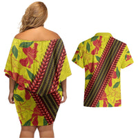 Samoan Culture Couples Matching Off Shoulder Short Dress and Hawaiian Shirt Hibiscus and Ula Fala with Tapa Pattern YellowColor LT03 - Polynesian Pride