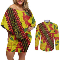 Samoan Culture Couples Matching Off Shoulder Short Dress and Long Sleeve Button Shirt Hibiscus and Ula Fala with Tapa Pattern YellowColor LT03 Yellow - Polynesian Pride