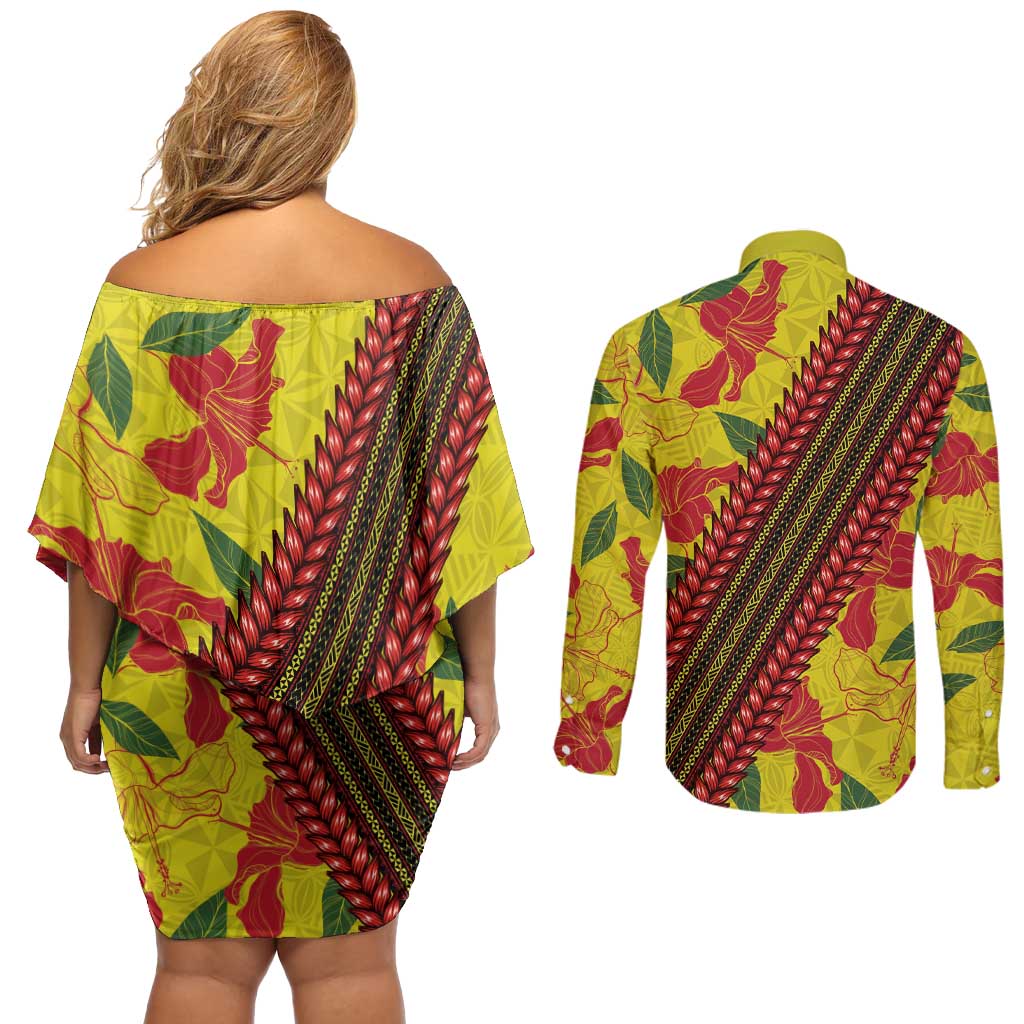 Samoan Culture Couples Matching Off Shoulder Short Dress and Long Sleeve Button Shirt Hibiscus and Ula Fala with Tapa Pattern YellowColor LT03 - Polynesian Pride