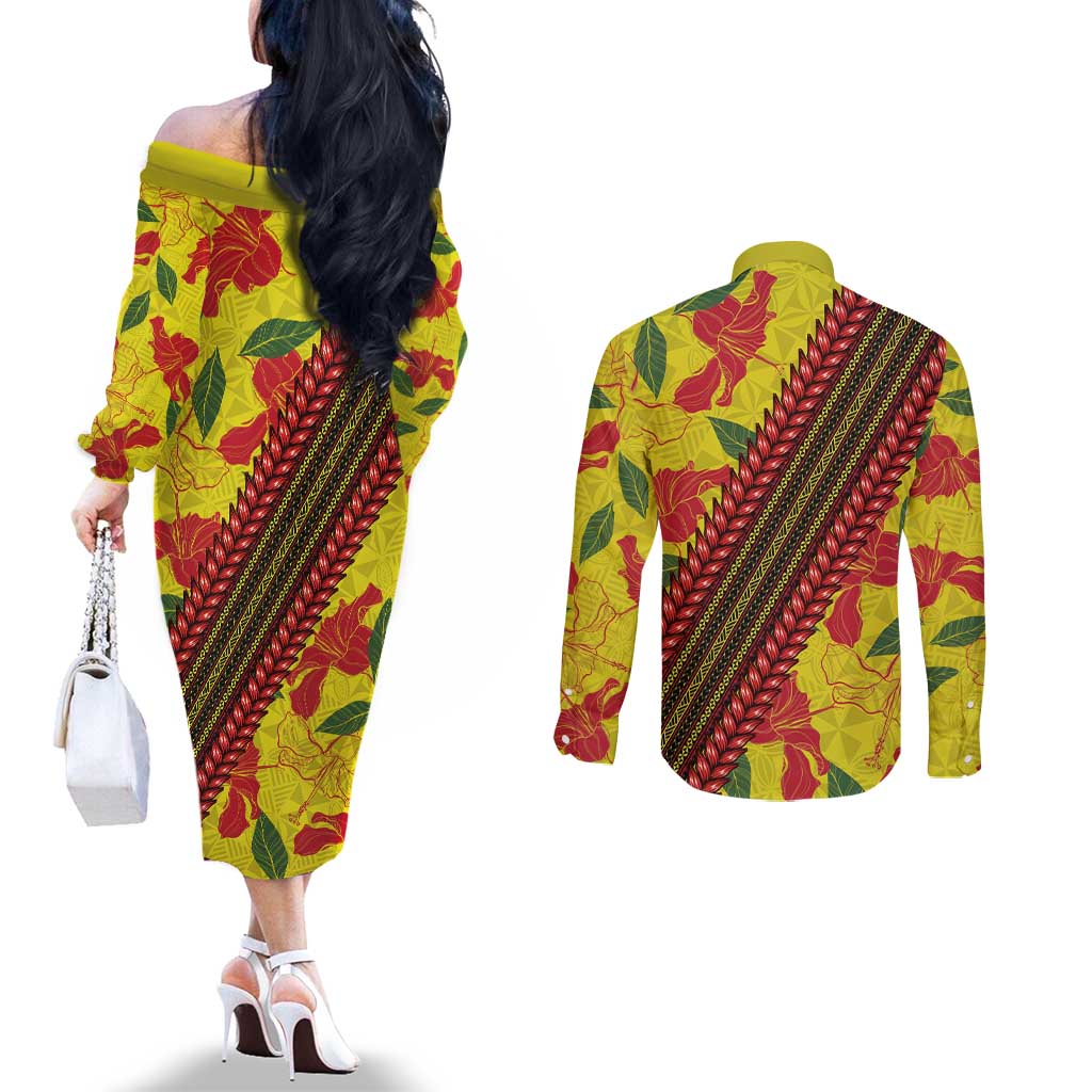 Samoan Culture Couples Matching Off The Shoulder Long Sleeve Dress and Long Sleeve Button Shirt Hibiscus and Ula Fala with Tapa Pattern YellowColor LT03 - Polynesian Pride