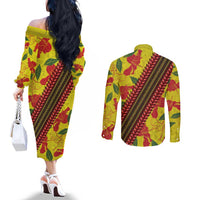 Samoan Culture Couples Matching Off The Shoulder Long Sleeve Dress and Long Sleeve Button Shirt Hibiscus and Ula Fala with Tapa Pattern YellowColor LT03 - Polynesian Pride
