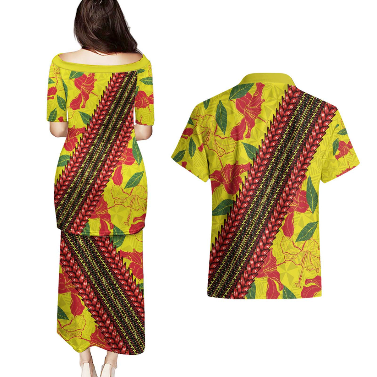 Samoan Culture Couples Matching Puletasi and Hawaiian Shirt Hibiscus and Ula Fala with Tapa Pattern YellowColor LT03 - Polynesian Pride