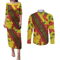 Samoan Culture Couples Matching Puletasi and Long Sleeve Button Shirt Hibiscus and Ula Fala with Tapa Pattern YellowColor LT03 Yellow - Polynesian Pride