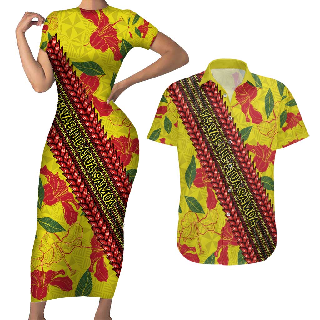 Samoan Culture Couples Matching Short Sleeve Bodycon Dress and Hawaiian Shirt Hibiscus and Ula Fala with Tapa Pattern YellowColor LT03 Yellow - Polynesian Pride