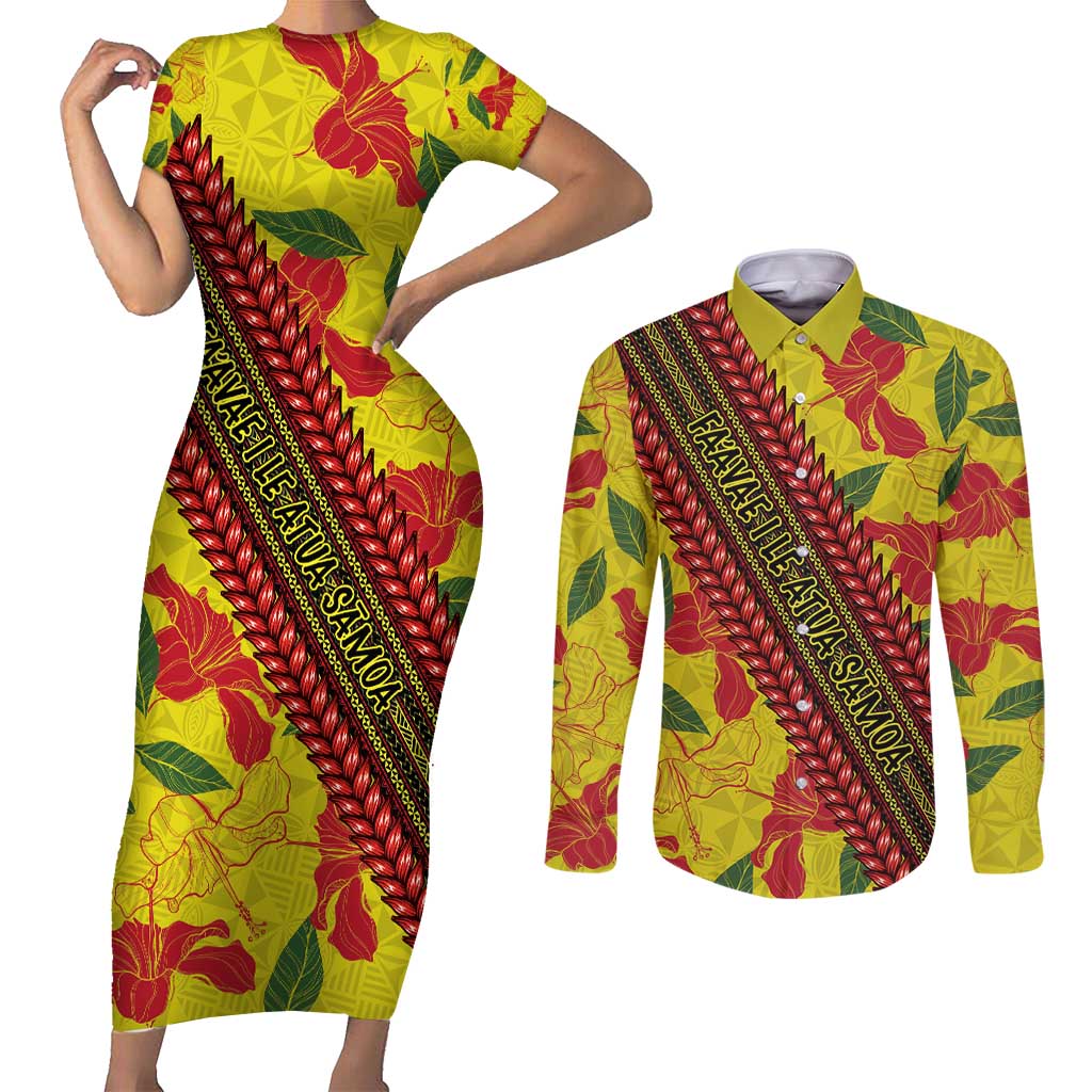 Samoan Culture Couples Matching Short Sleeve Bodycon Dress and Long Sleeve Button Shirt Hibiscus and Ula Fala with Tapa Pattern YellowColor LT03 Yellow - Polynesian Pride