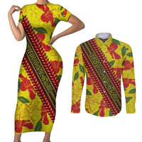 Samoan Culture Couples Matching Short Sleeve Bodycon Dress and Long Sleeve Button Shirt Hibiscus and Ula Fala with Tapa Pattern YellowColor LT03 Yellow - Polynesian Pride
