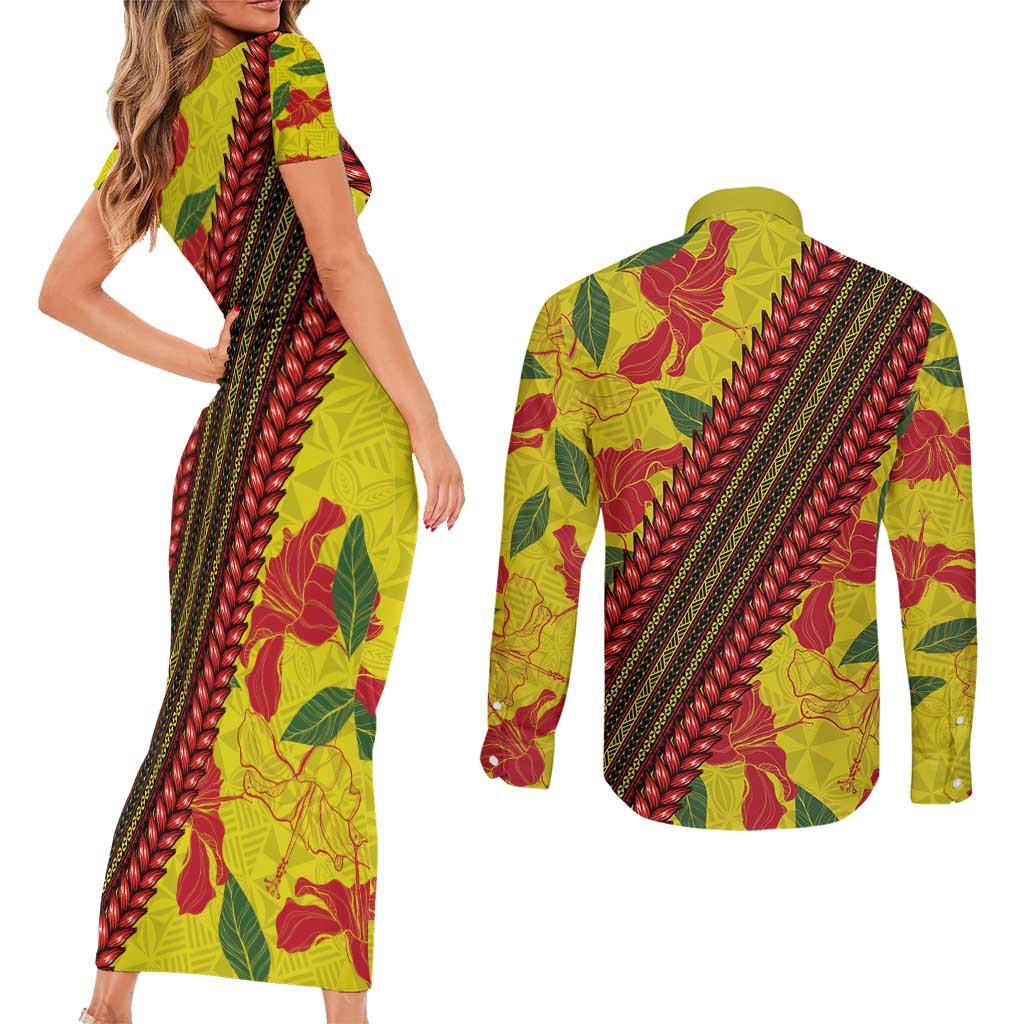 Samoan Culture Couples Matching Short Sleeve Bodycon Dress and Long Sleeve Button Shirt Hibiscus and Ula Fala with Tapa Pattern YellowColor LT03 - Polynesian Pride