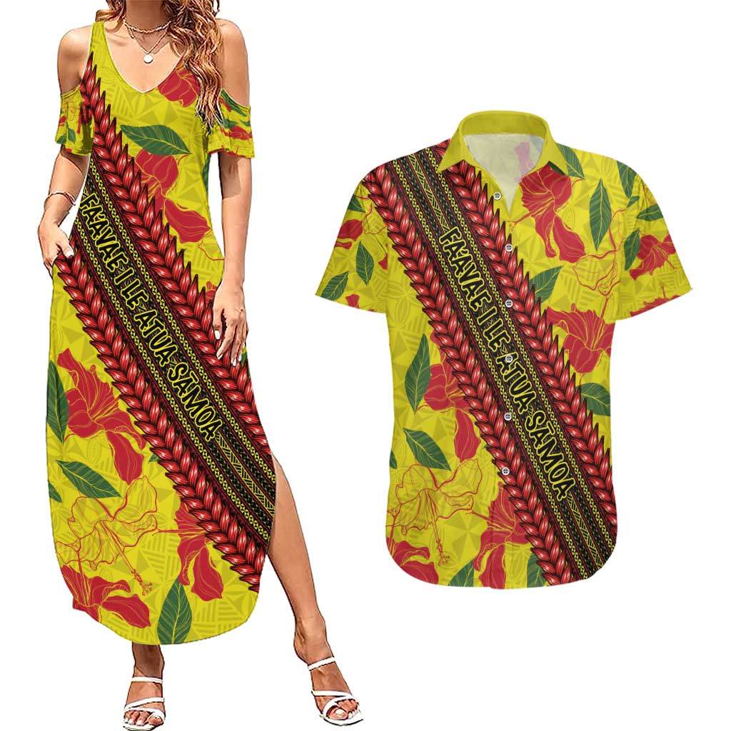 Samoan Culture Couples Matching Summer Maxi Dress and Hawaiian Shirt Hibiscus and Ula Fala with Tapa Pattern YellowColor LT03 Yellow - Polynesian Pride
