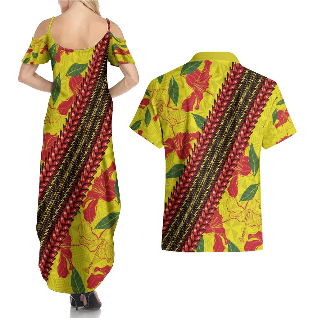 Samoan Culture Couples Matching Summer Maxi Dress and Hawaiian Shirt Hibiscus and Ula Fala with Tapa Pattern YellowColor LT03 - Polynesian Pride