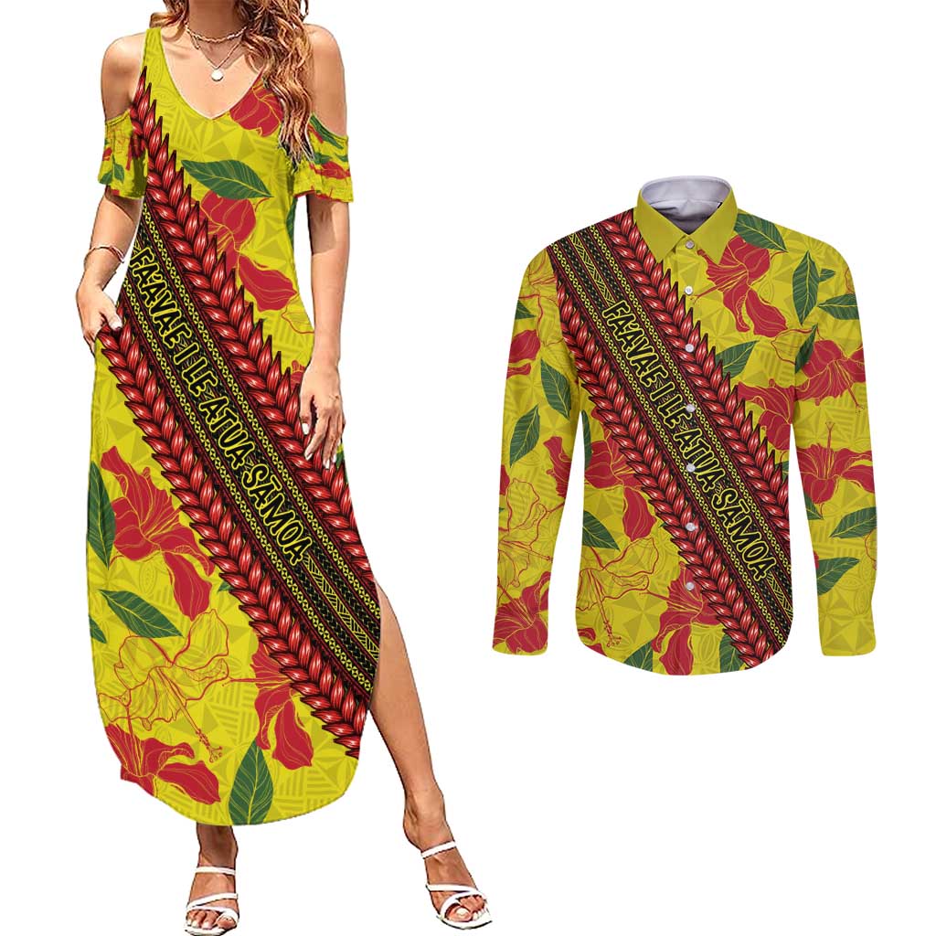 Samoan Culture Couples Matching Summer Maxi Dress and Long Sleeve Button Shirt Hibiscus and Ula Fala with Tapa Pattern YellowColor LT03 Yellow - Polynesian Pride
