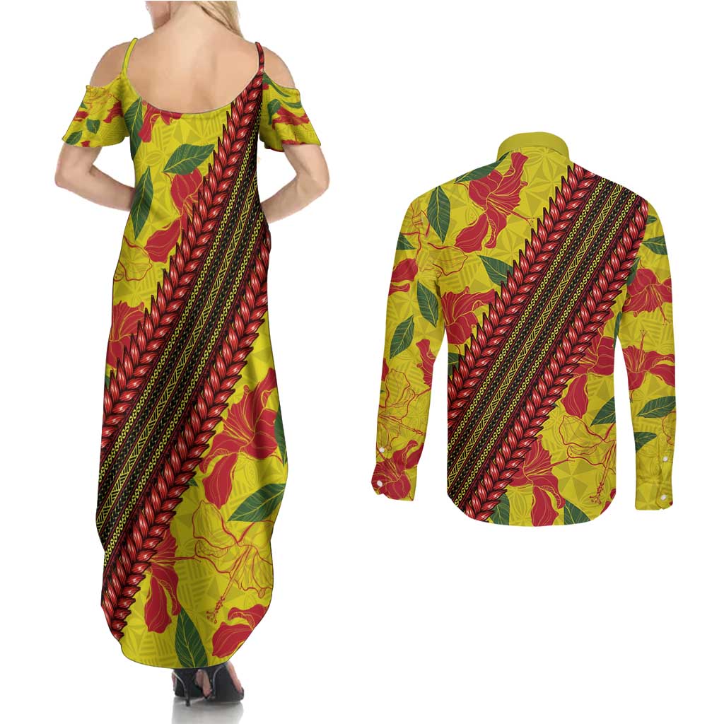 Samoan Culture Couples Matching Summer Maxi Dress and Long Sleeve Button Shirt Hibiscus and Ula Fala with Tapa Pattern YellowColor LT03 - Polynesian Pride