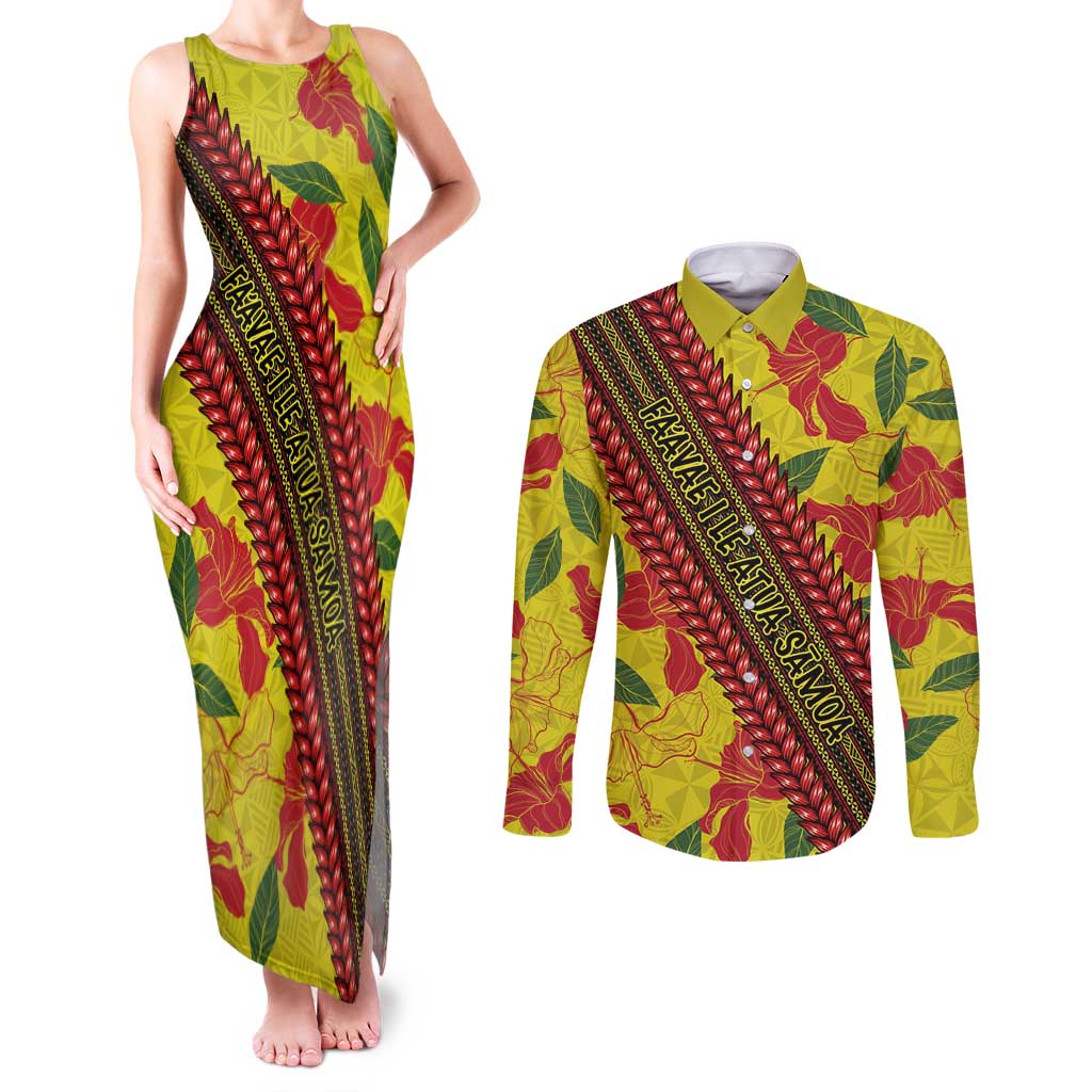Samoan Culture Couples Matching Tank Maxi Dress and Long Sleeve Button Shirt Hibiscus and Ula Fala with Tapa Pattern YellowColor LT03 Yellow - Polynesian Pride