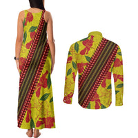 Samoan Culture Couples Matching Tank Maxi Dress and Long Sleeve Button Shirt Hibiscus and Ula Fala with Tapa Pattern YellowColor LT03 - Polynesian Pride