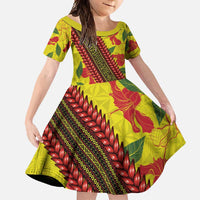 Samoan Culture Family Matching Long Sleeve Bodycon Dress and Hawaiian Shirt Hibiscus and Ula Fala with Tapa Pattern YellowColor LT03 Daughter's Dress Yellow - Polynesian Pride