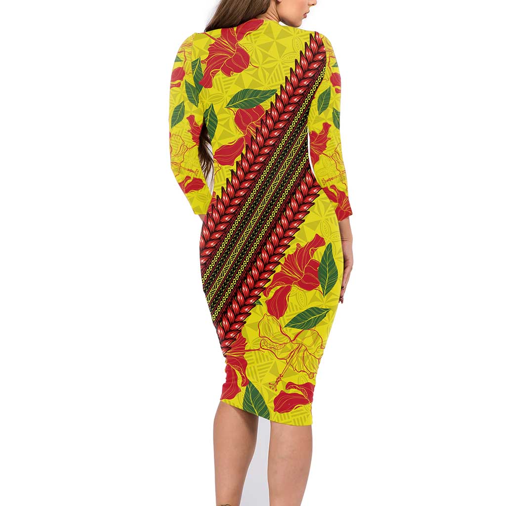 Samoan Culture Family Matching Long Sleeve Bodycon Dress and Hawaiian Shirt Hibiscus and Ula Fala with Tapa Pattern YellowColor LT03 - Polynesian Pride