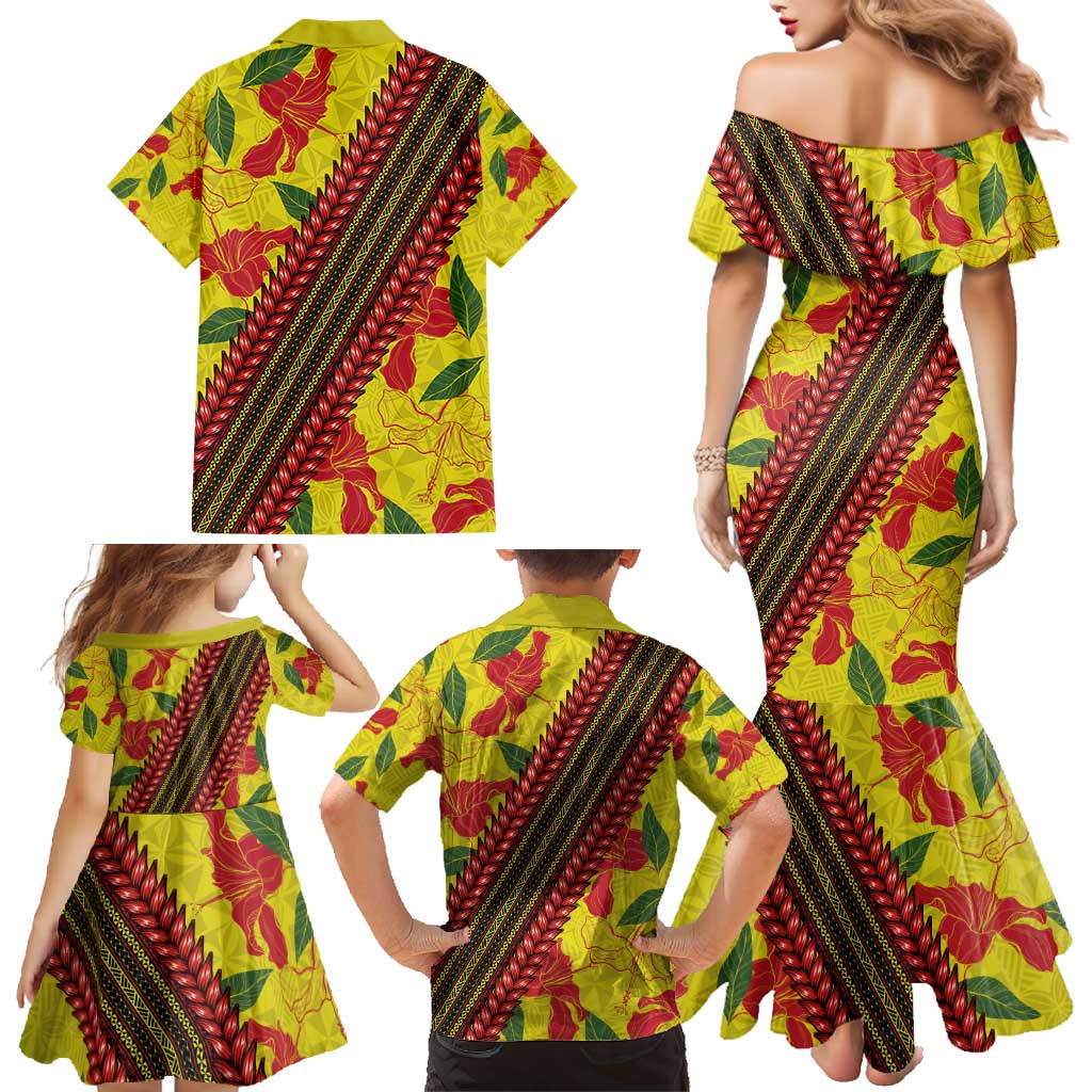 Samoan Culture Family Matching Mermaid Dress and Hawaiian Shirt Hibiscus and Ula Fala with Tapa Pattern YellowColor LT03 - Polynesian Pride