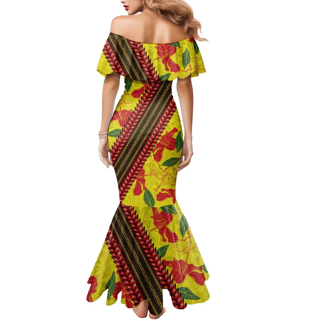 Samoan Culture Family Matching Mermaid Dress and Hawaiian Shirt Hibiscus and Ula Fala with Tapa Pattern YellowColor LT03 - Polynesian Pride