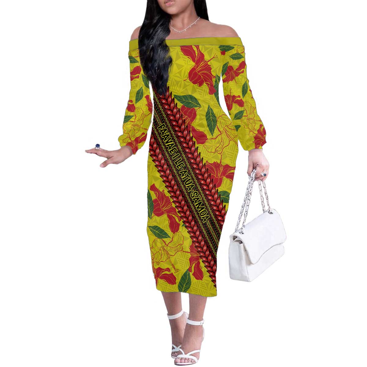 Samoan Culture Family Matching Off The Shoulder Long Sleeve Dress and Hawaiian Shirt Hibiscus and Ula Fala with Tapa Pattern YellowColor LT03 Mom's Dress Yellow - Polynesian Pride